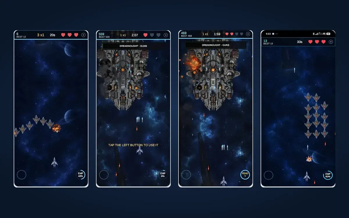 أربع لقطات من طور اللعب في Dead Orbit X تعرض سفينة اللاعب ومعارك ضد أسراب الأعداء وسفينة Dreadnought